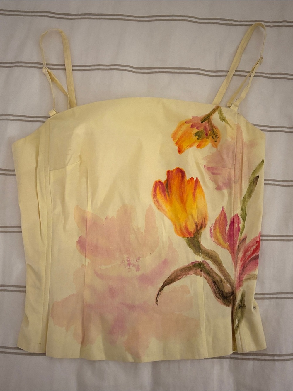 Yellow Floral Corset Top with Painted Tulips
